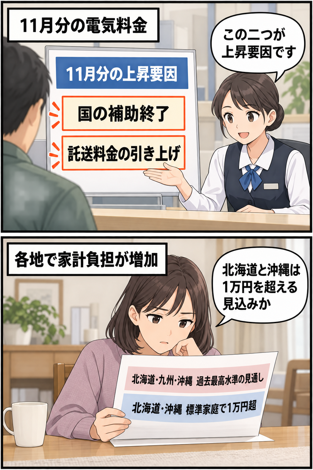 1コマ目で国の補助終了と託送料金の引き上げを示し、2コマ目で北海道、九州、沖縄の11月分電気料金が過去最高水準となり、北海道と沖縄では標準家庭のモデル料金が1万円を超える見込みであることを伝える中立的な漫...