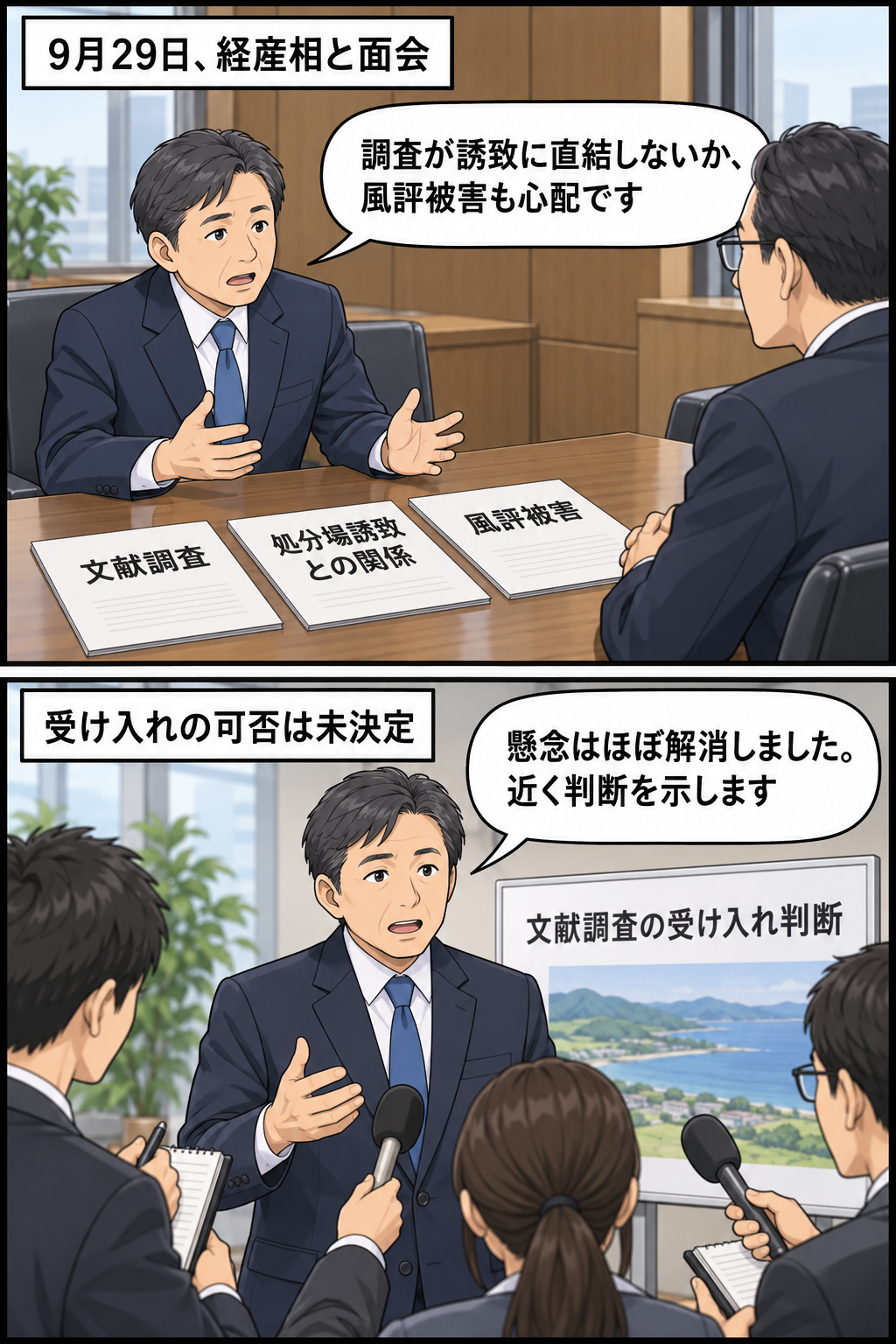 男性の市長風キャラが男性の経産相風キャラとの面会で文献調査と風評被害への懸念を伝え、面会後に懸念がほぼ解消したとして受け入れ判断を近く示す考えを説明する2コマ漫画。