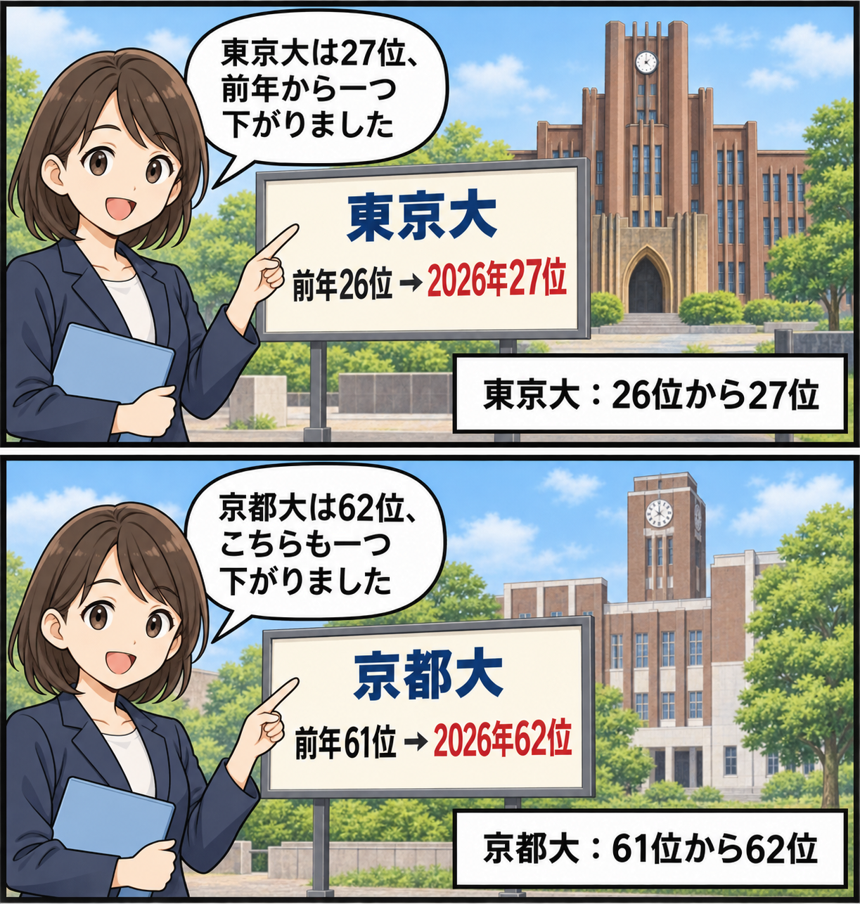 2026年世界大学ランキングで、東京大が26位から27位、京都大が61位から62位へ、それぞれ一つ順位を下げたことを示す2コマ漫画。