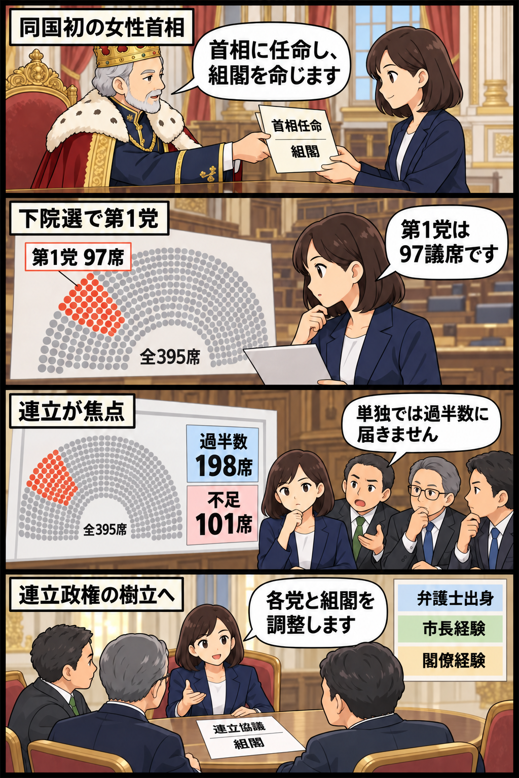 国王風キャラから初の女性首相として任命されたスーツ姿の女性が、第1党の97議席を確認し、過半数に必要な198議席との差を踏まえて他党との連立協議に臨む4コマ漫画。
