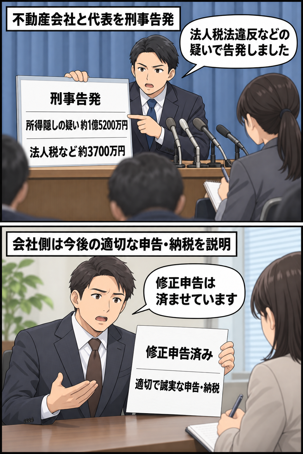 東京国税局による不動産会社と代表への刑事告発と、会社側が修正申告済みと説明する様子を中立的に描いた2コマ漫画。