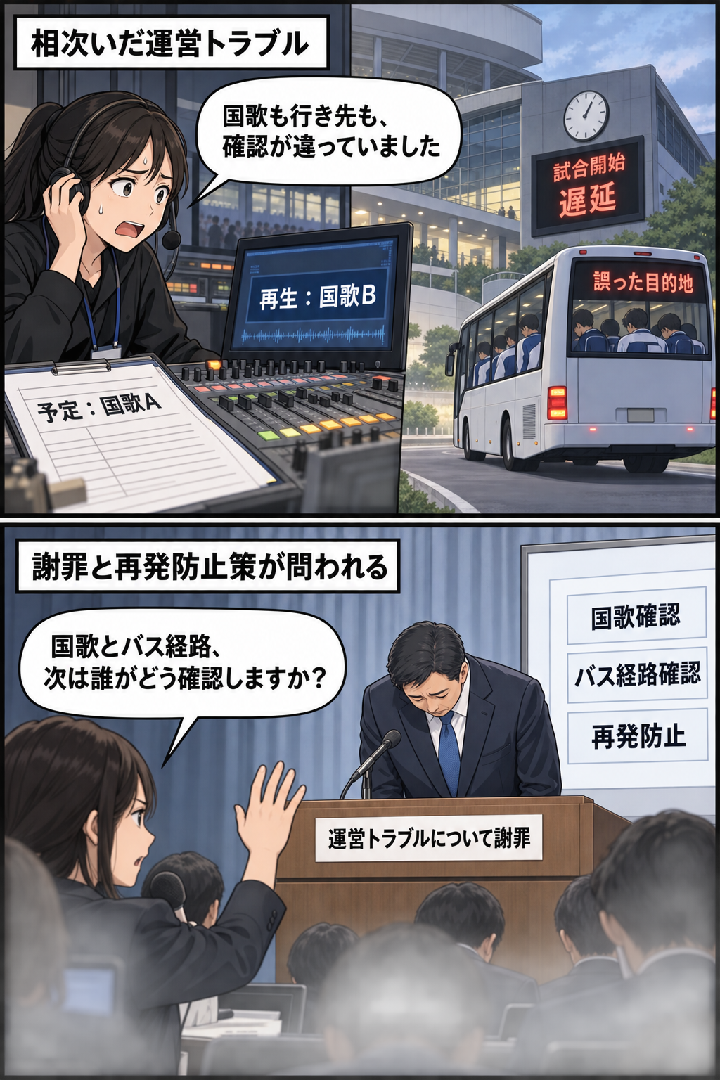 競技大会で国歌の取り違えと代表チームを乗せたバスの目的地間違いが起き、試合が遅延。組織委員会の男性市長風キャラが謝罪し、記者が確認手順と再発防止策を問いただす2コマ漫画。