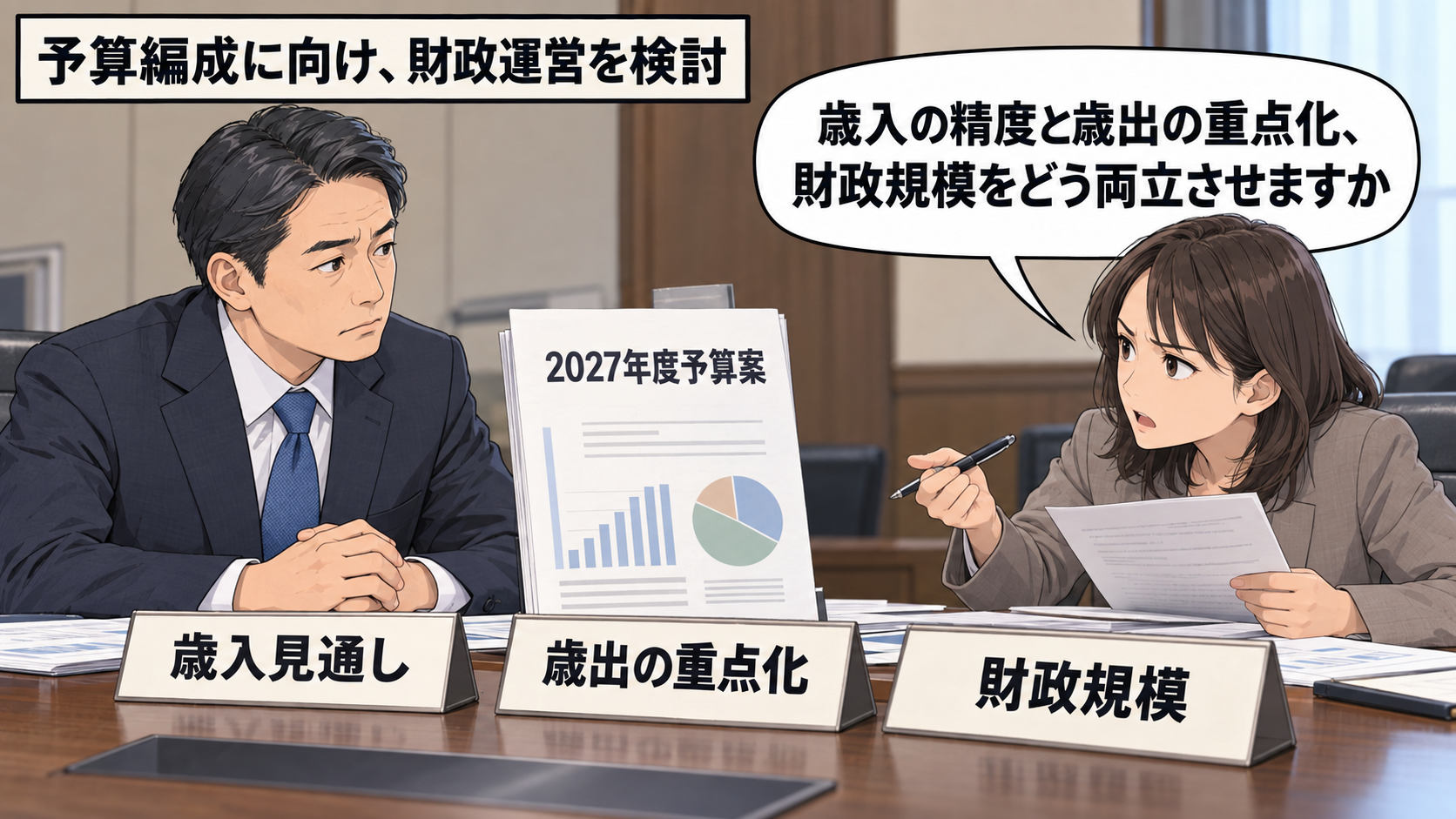 2027年度予算案を議論する会議室で、歳入見通し、歳出の重点化、財政規模を示す資料を前に、記者が慎重な表情で両立の方法を尋ねている。