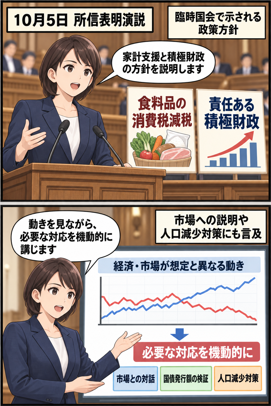 臨時国会の演壇に立つスーツ姿の女性の首相風キャラが、消費減税や積極財政を説明し、続いて経済や市場が想定と異なる場合の機動的な対応方針を示す2コマ漫画。