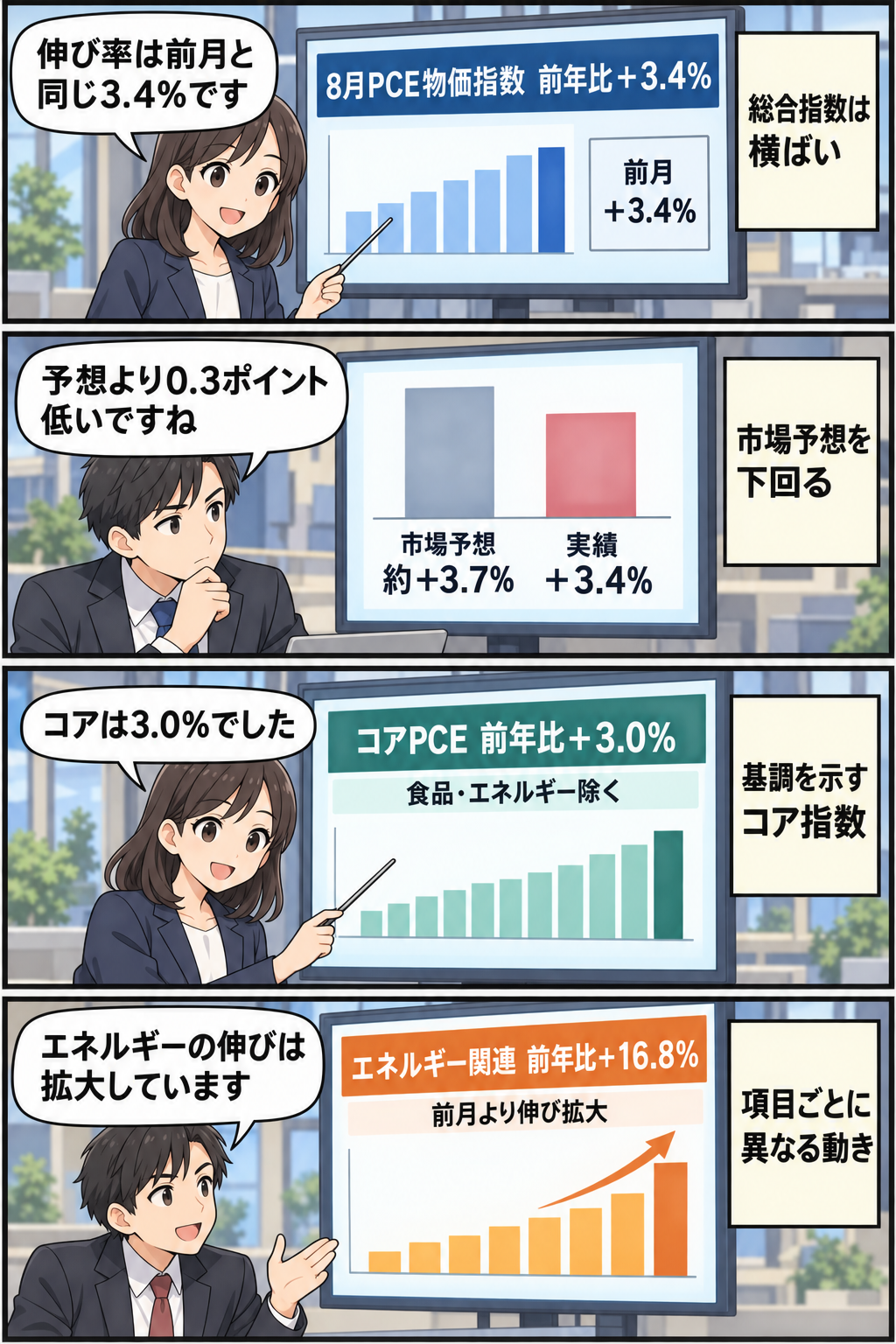 統計担当者と経済解説者が、8月のPCE物価指数の総合値、市場予想、コア指数、エネルギー価格を順に確認する中立的な4コマ漫画。