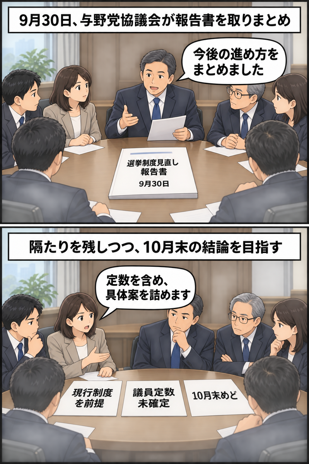 衆院各会派の代表者が選挙制度見直しの報告書をまとめ、議員定数など未確定の論点について10月末をめどに結論を目指す様子を描いた2コマ漫画。