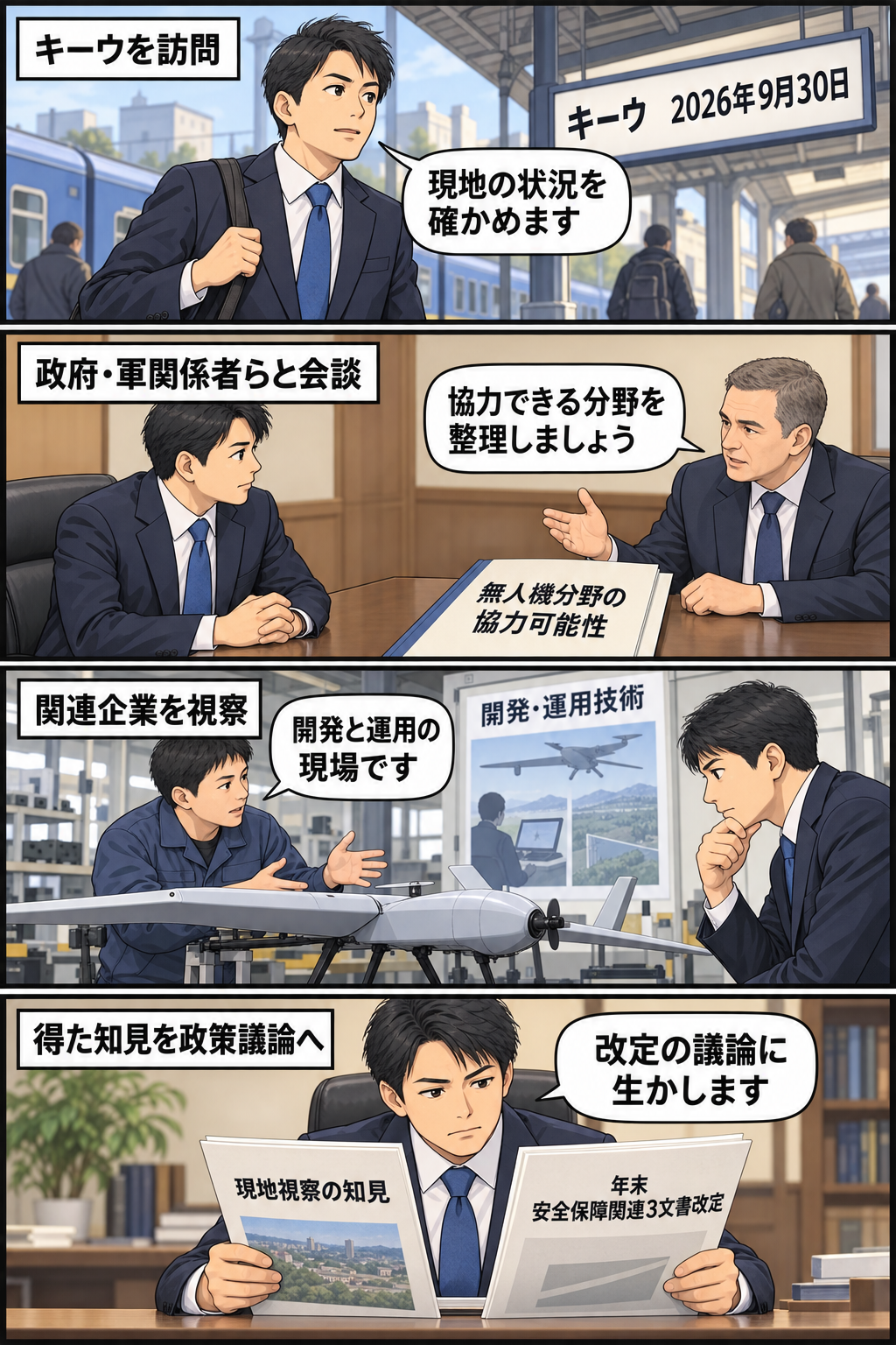 スーツ姿の男性の元防衛相風キャラがキーウを訪れ、現地関係者との会談と無人機関連企業の視察を経て、得た知見を安全保障関連3文書の改定議論へ持ち帰る流れを描いた4コマ漫画。