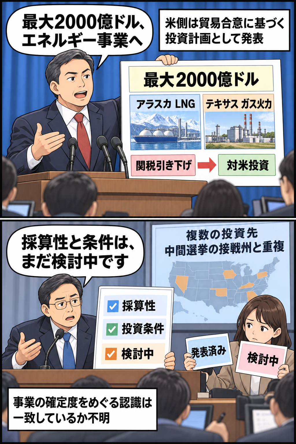 米側が最大2000億ドルのエネルギー投資計画を発表する一方、韓国側の担当者が採算性や条件は検討中だと説明し、事業確定をめぐる認識差を示す2コマ漫画。