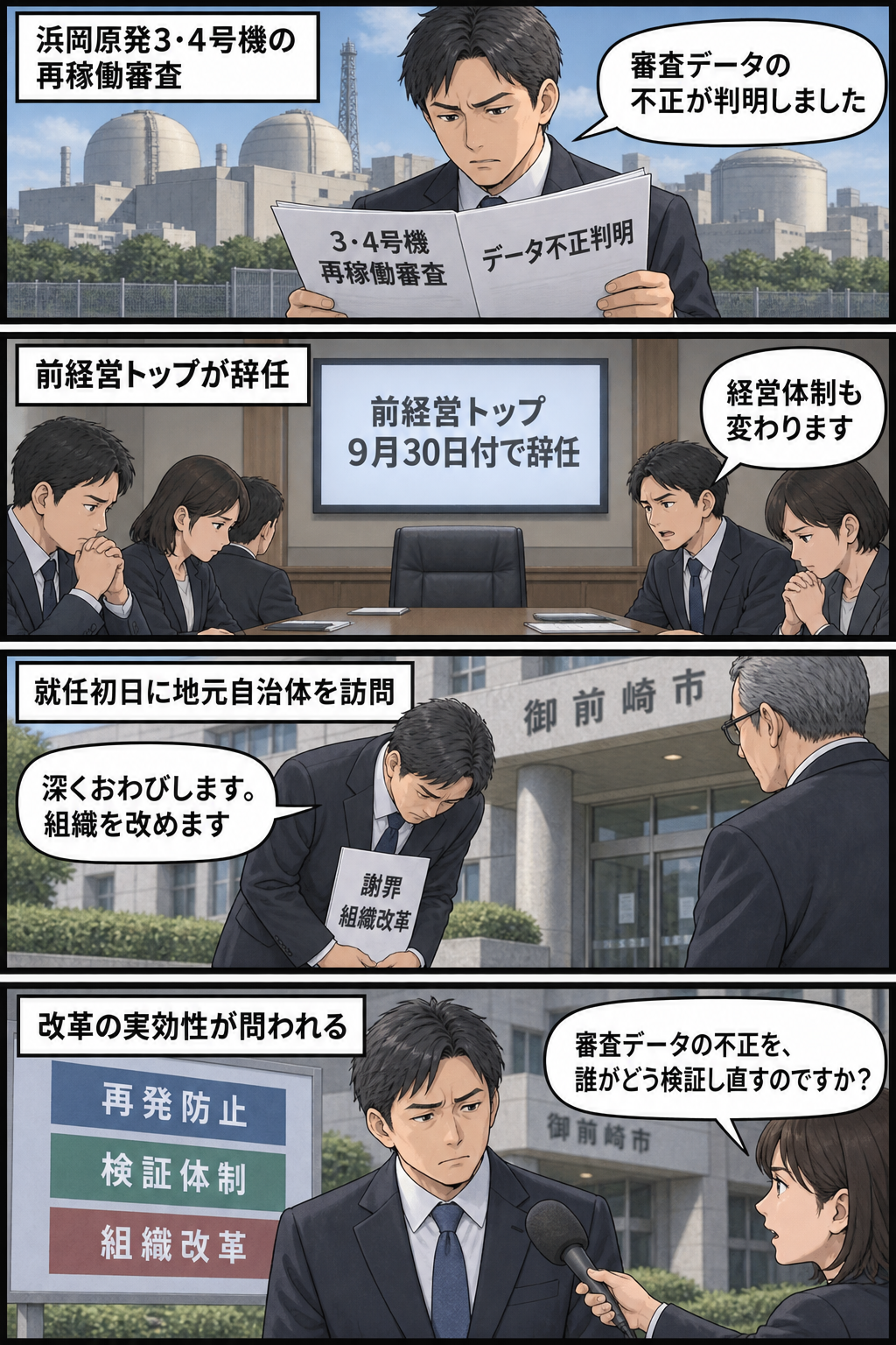 浜岡原発の再稼働審査をめぐるデータ不正と前経営トップの辞任を受け、就任初日の男性新社長風キャラが地元自治体を訪問して謝罪と組織改革を説明し、記者から検証方法を問われる4コマ漫画。