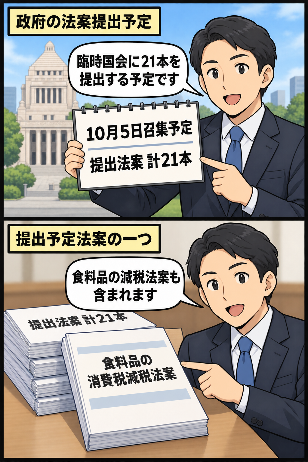 政府が10月5日召集予定の臨時国会へ計21本の法案を提出する予定を示し、その中に食料品の消費税減税法案が含まれることを伝える2コマ漫画。