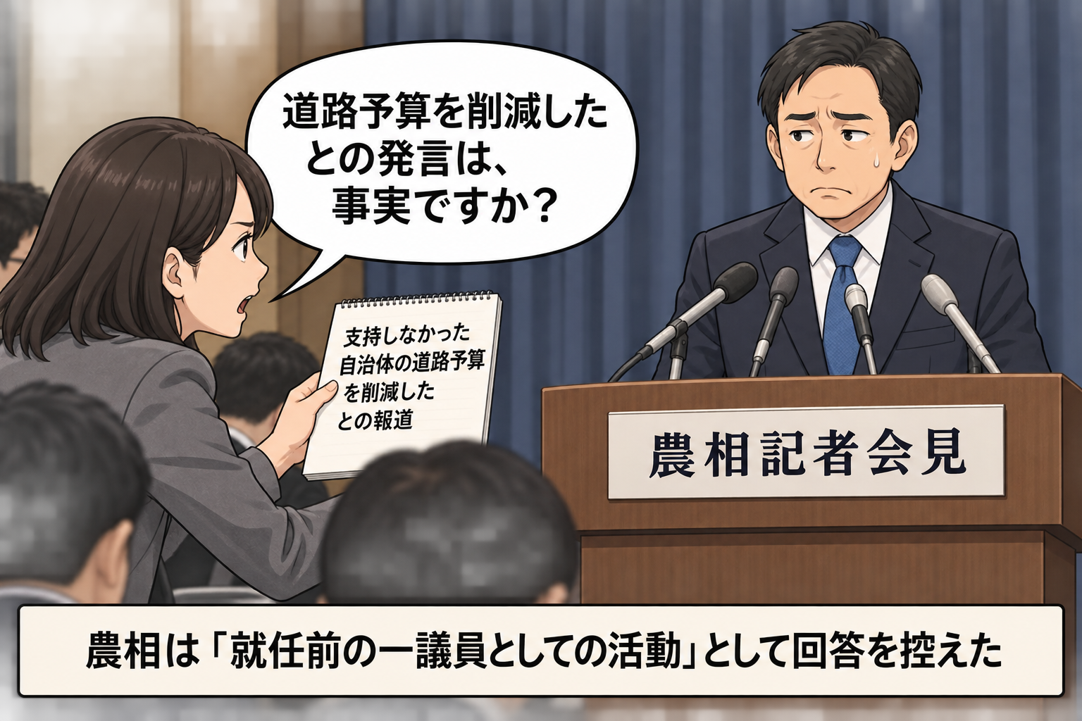 記者会見で、スーツ姿の男性の農相風キャラが、道路予算削減発言との報道について具体的な説明を求める記者に対し、就任前の議員活動を理由に回答を控えている。