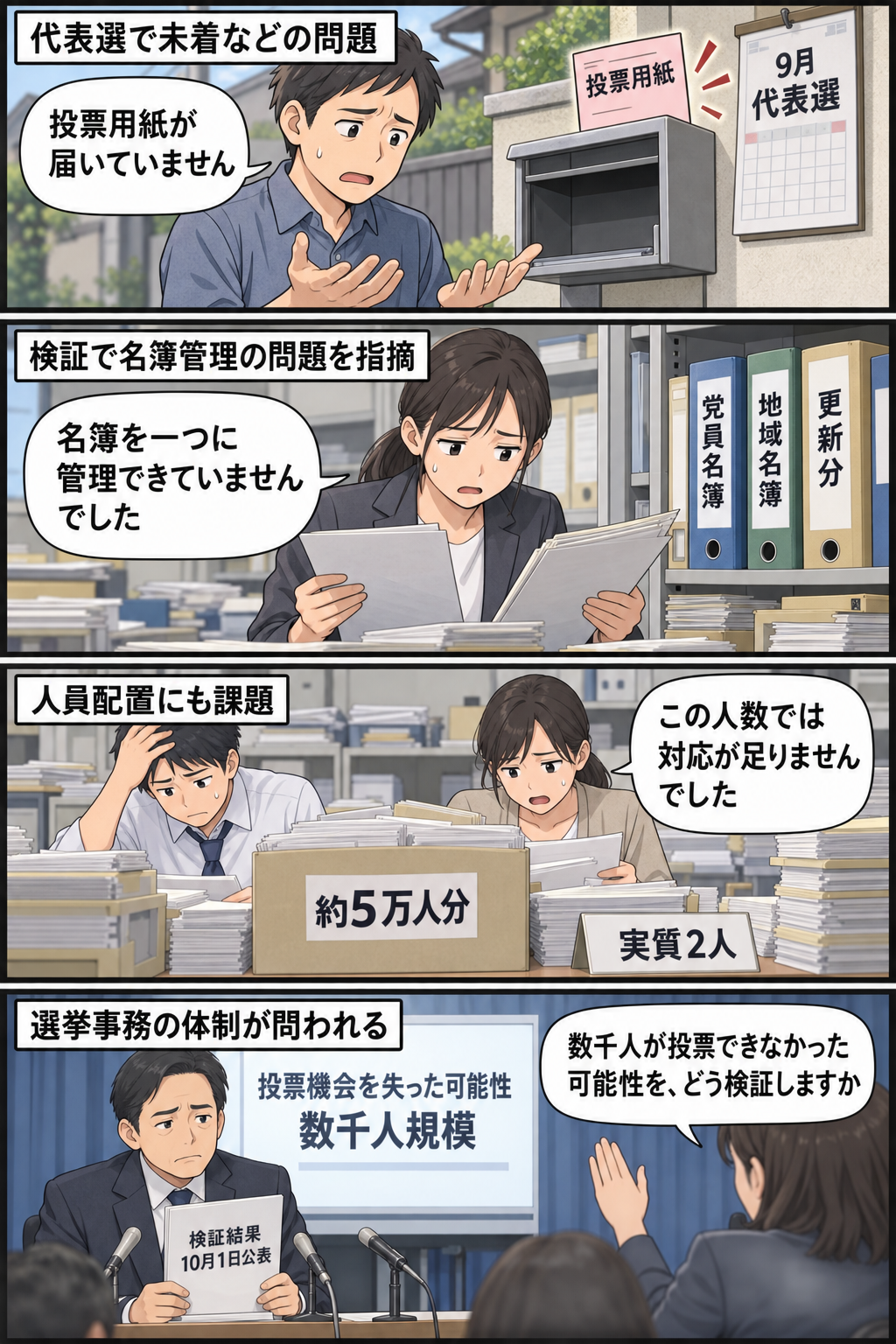 代表選の投票用紙が届かない有権者、統一されていない名簿と約5万人分の事務を担う2人の担当者、数千人規模の投票機会喪失の可能性について党側を問いただす記者を描いた4コマ漫画。