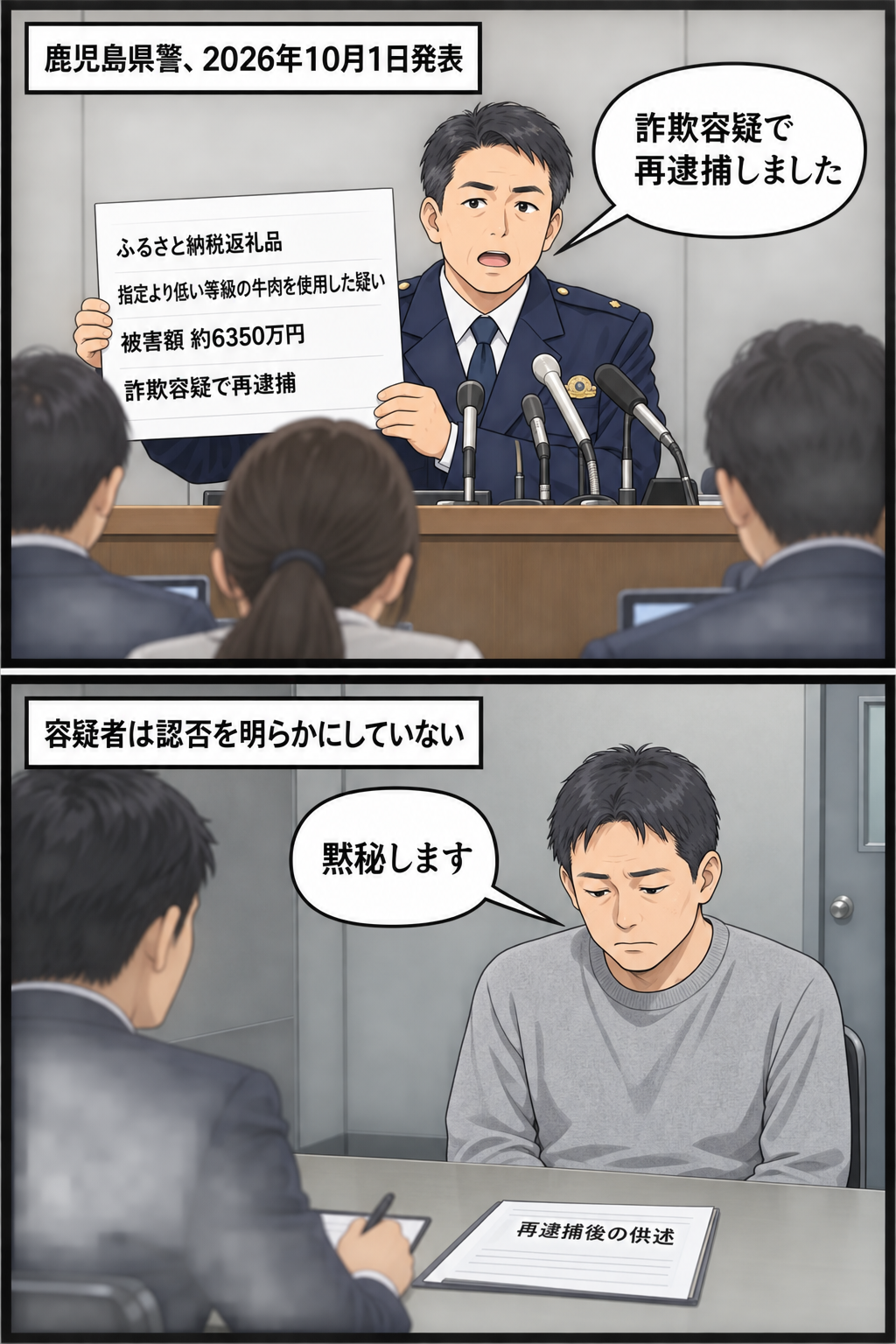鹿児島県警による牛肉等級偽装をめぐる詐欺容疑での再逮捕発表と、元取締役が黙秘している状況を中立的に描いた2コマ漫画。