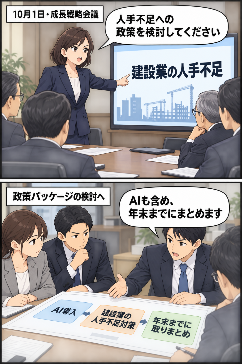 成長戦略会議で女性の首相風キャラが建設業の人手不足対策を指示し、関係省庁の担当者がAI導入を含む政策パッケージを検討する様子を描いた2コマ漫画。