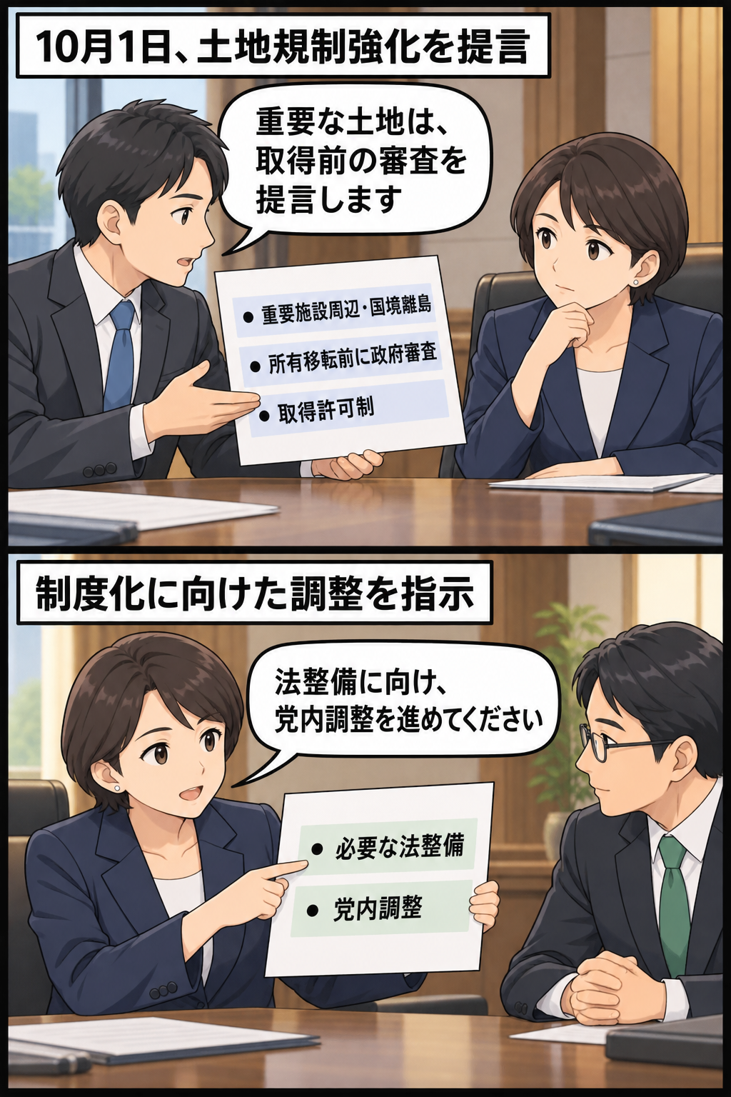 政策チームが重要土地の取得許可制を提言し、スーツ姿の女性の首相風キャラが法整備に向けた党内調整を指示する二コマ漫画。