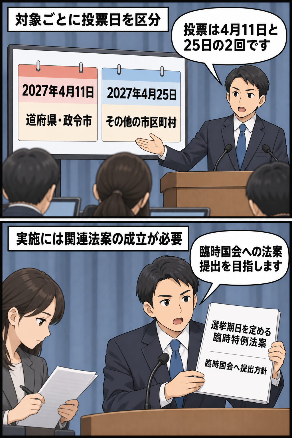 政府担当者が、2027年の統一地方選を4月11日と25日に分ける日程と、選挙期日を定める法案の提出方針を説明する中立的な2コマ漫画。