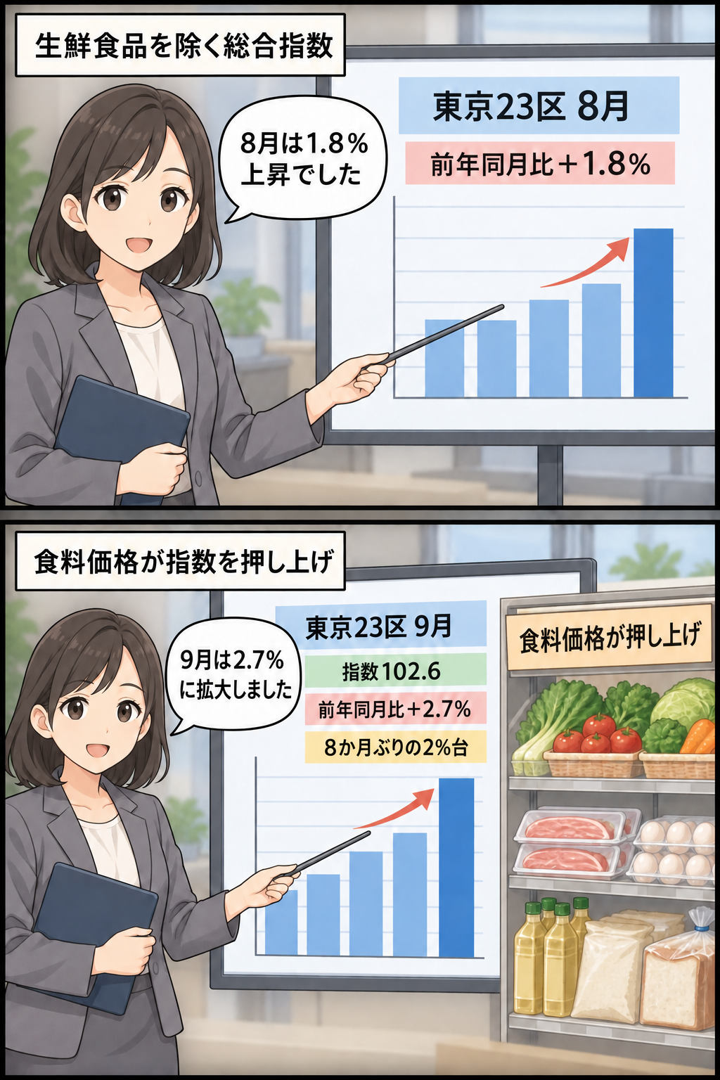 東京23区の生鮮食品を除く消費者物価上昇率が、8月の1.8％から9月の2.7％へ拡大し、食料価格が指数を押し上げたことを示す2コマ漫画。