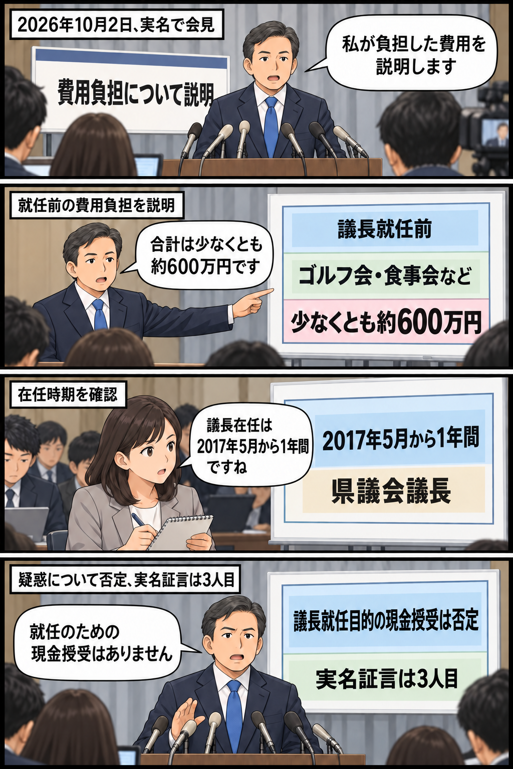 男性の県議会元議長風キャラが記者会見で、2017年の議長就任前にゴルフ会や食事会などへ少なくとも約600万円を負担したと説明し、議長就任のための現金授受は否定する4コマ漫画。