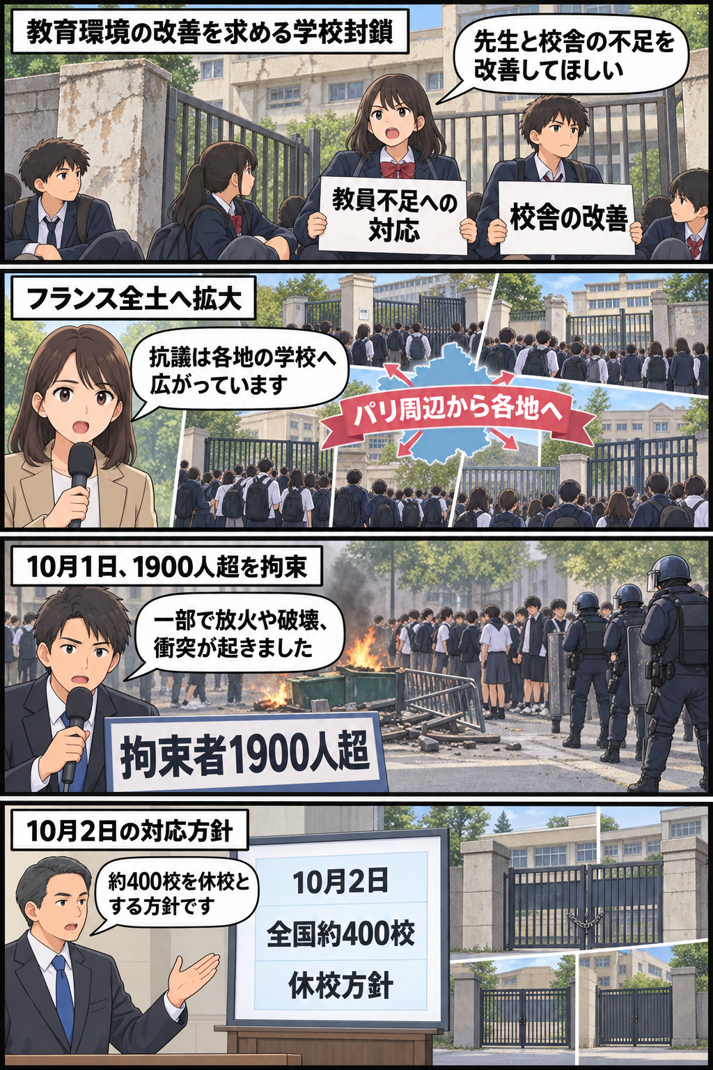 教育環境の改善を求める高校生の学校封鎖が各地へ広がり、一部で放火や破壊、警察との衝突が発生して1900人超が拘束され、約400校の休校方針が示されるまでを4コマで描く。