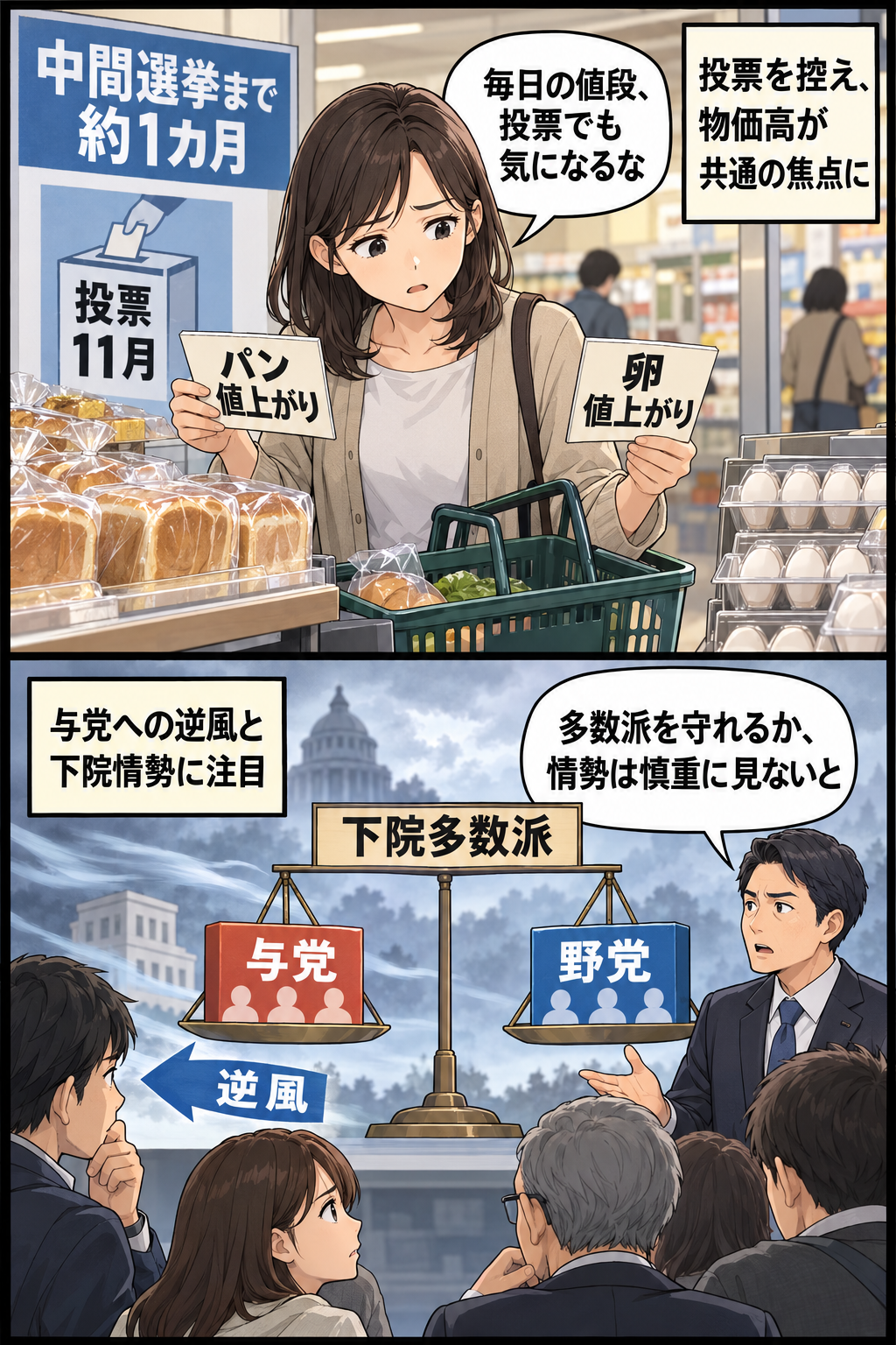 米中間選挙まで約1カ月と示す掲示の前で、食料品の値札を見つめる有権者と、下院の多数派を巡る接戦を慎重に見守る人々を描いた2コマ漫画。