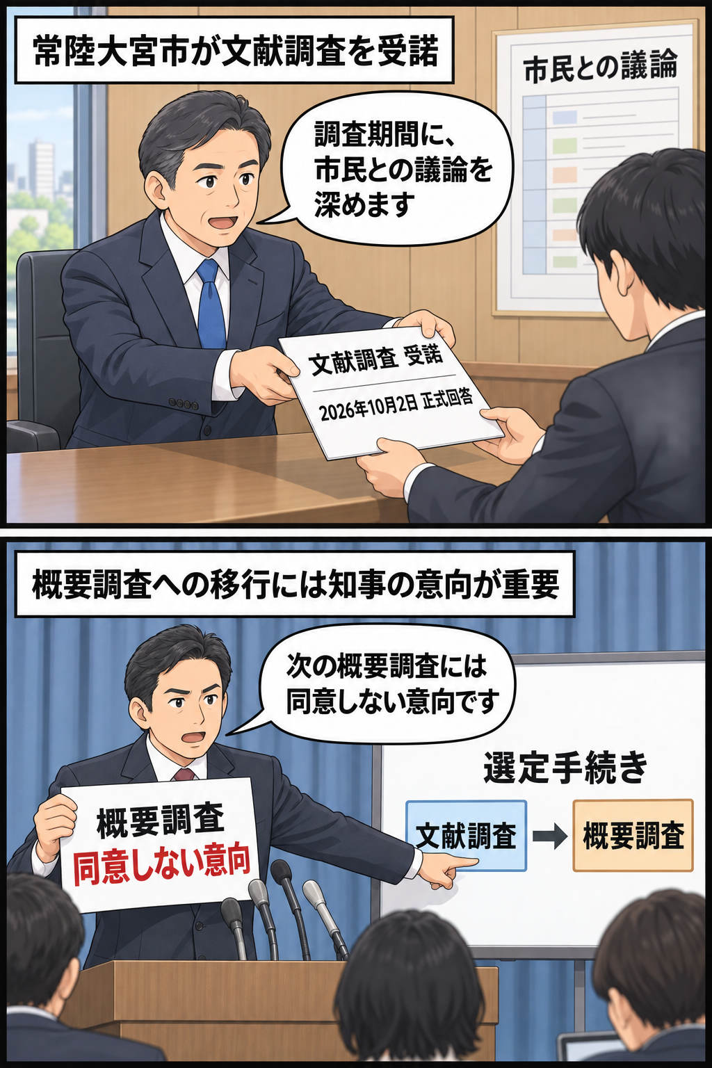 常陸大宮市側が核のごみの文献調査を正式に受諾し、茨城県知事側が次段階の概要調査には同意しない意向を示す流れを描いた2コマ漫画。