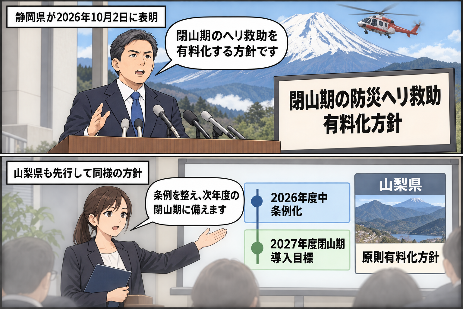 閉山期の富士山での防災ヘリ救助について、静岡県が有料化方針を示し、2026年度中の条例化と2027年度閉山期の導入を目指す流れを描いた2コマ漫画。