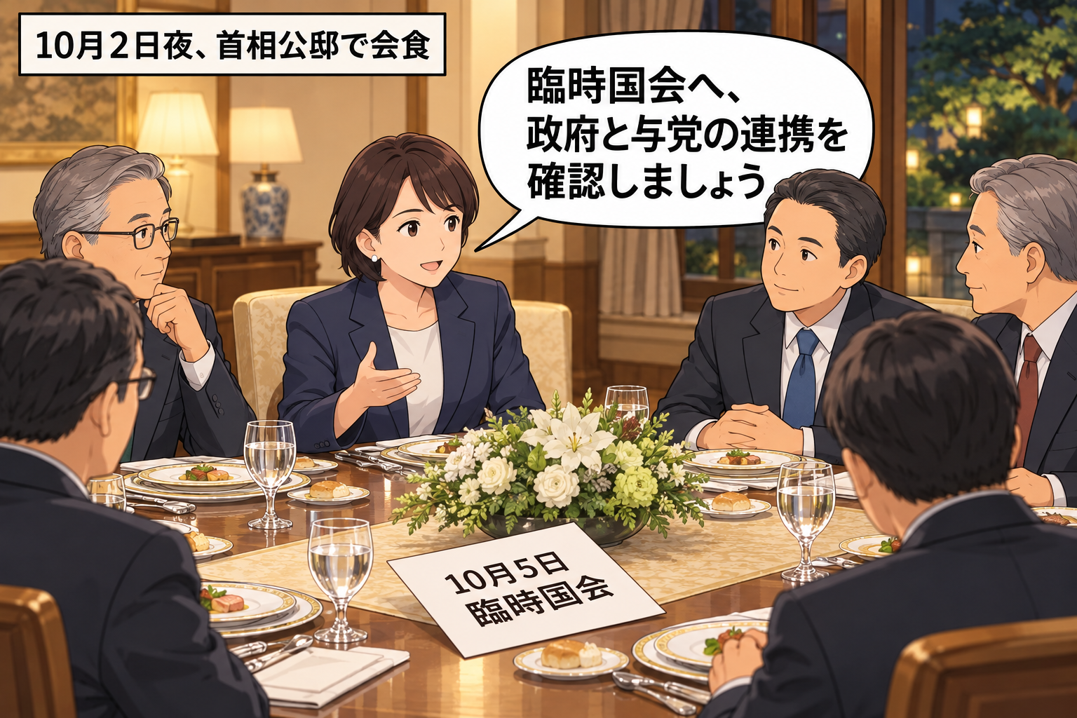 首相公邸の会食卓で、スーツ姿の女性の首相風キャラと男性の党副総裁風キャラらが、臨時国会に向けた政府・与党の連携を確認している中立的な一コマ漫画。