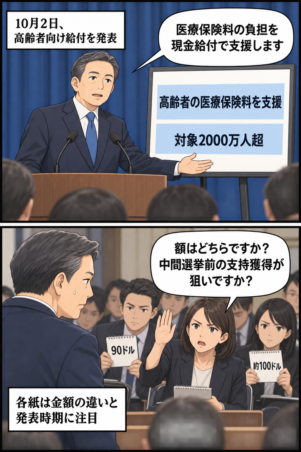 男性の大統領風キャラが高齢者向けの医療保険料支援を発表し、続いて記者たちが給付額の表記差と中間選挙前の政治的な狙いを具体的に問いかける2コマ漫画。