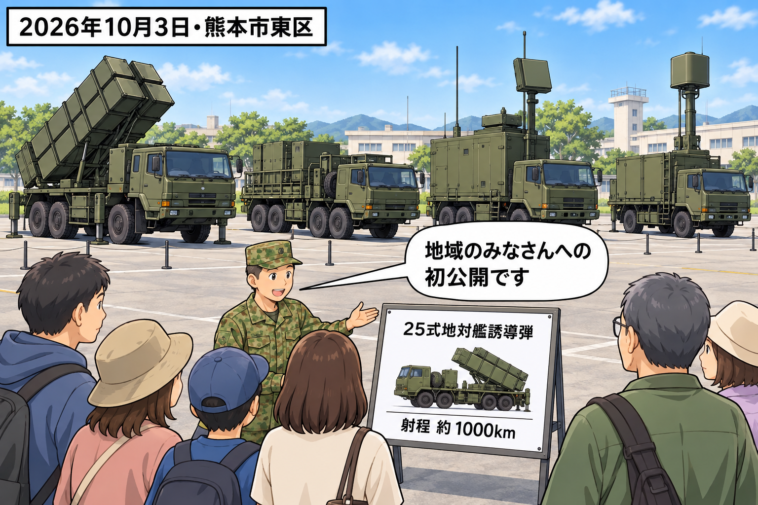 健軍駐屯地で、地域住民が25式地対艦誘導弾の発射機と弾薬運搬車を見学し、案内役が約1000キロの射程を説明している。