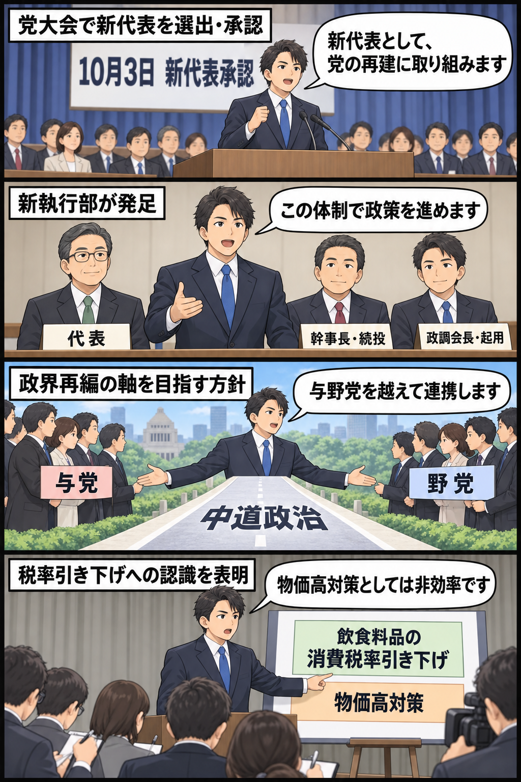 政党大会で男性の新代表が選ばれ、新執行部の体制、中道政治と超党派連携の方針、飲食料品の消費税率引き下げへの見解を順に示す4コマ漫画。