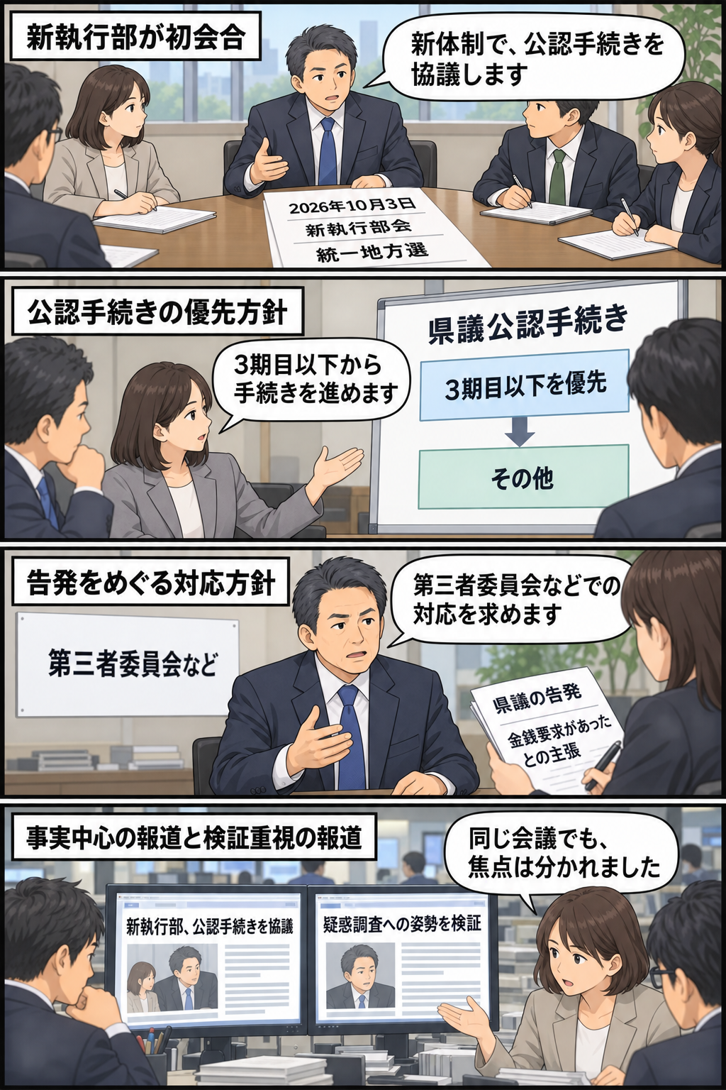 自民党福岡県連を直接示す名称やロゴを使わず、新執行部の会議、公認手続きの優先方針、県議の告発に対する第三者委員会などでの対応方針、媒体ごとの報道姿勢の違いを中立的に描いた4コマ漫画。