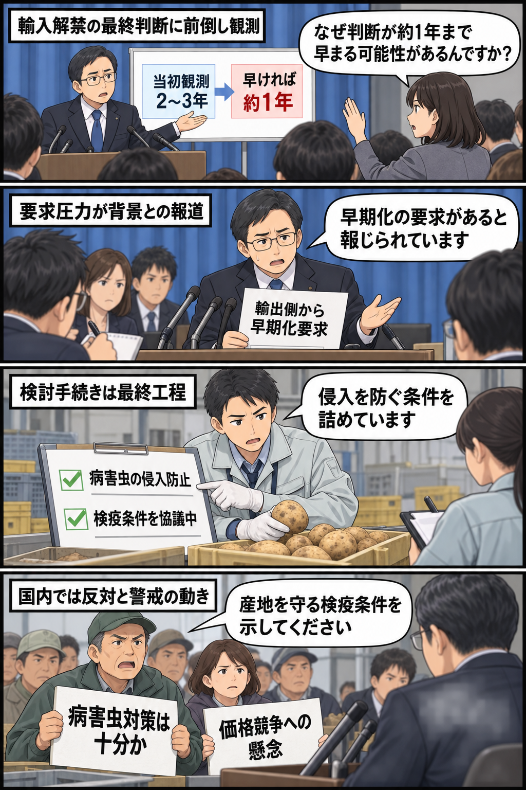 生食用ジャガイモの輸入解禁を巡り、判断前倒しの観測と検疫協議が進む一方、国内産地から病害虫や価格競争への懸念が示され、担当者が記者に問いただされる4コマ漫画。