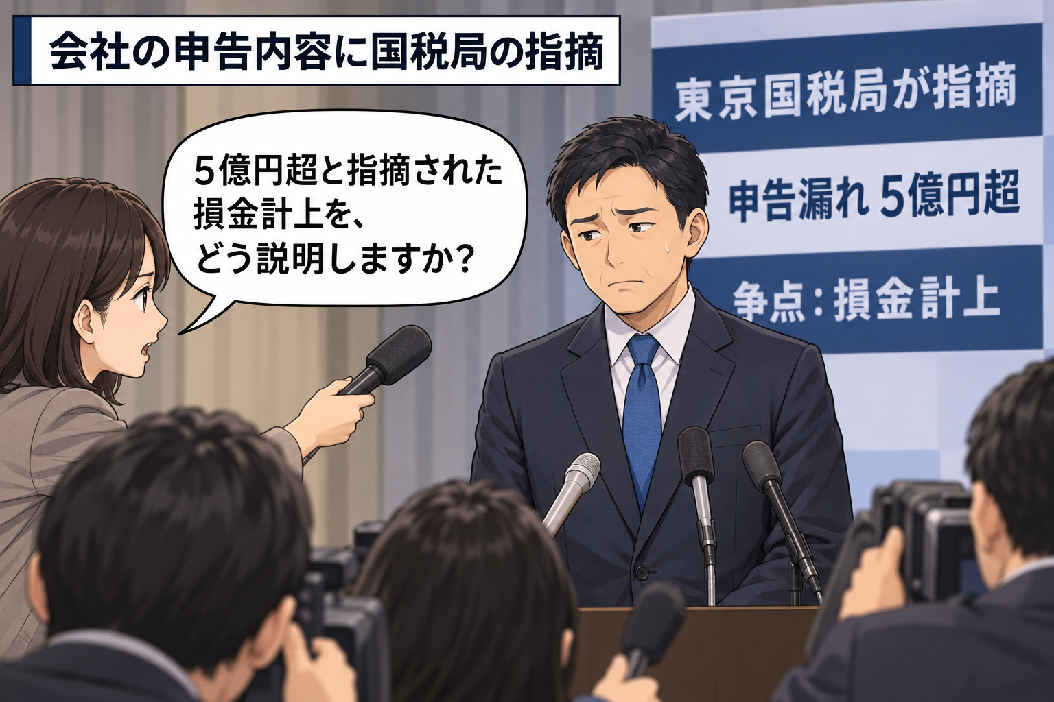 東京国税局から5億円超の申告漏れを指摘された会社を巡り、記者が男性の会社代表風キャラに損金計上について問いかける一コマ漫画。