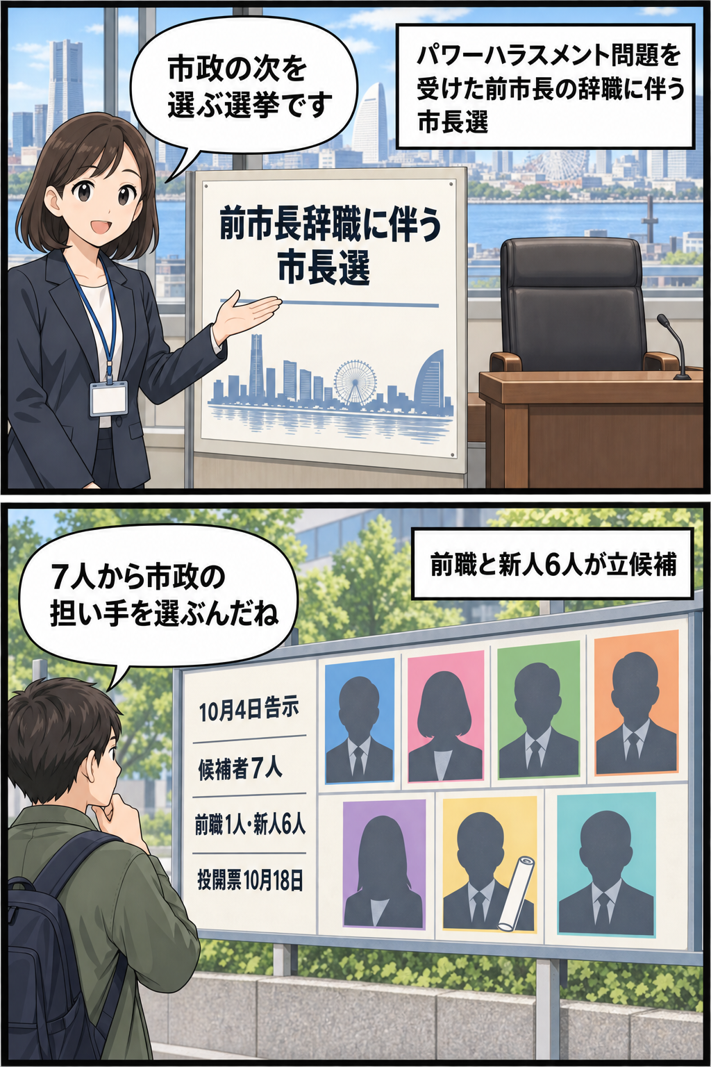 前市長のパワーハラスメント問題を受けた辞職に伴い横浜市長選が行われ、前職と新人6人の計7人が立候補し、10月18日の投開票へ進む様子を中立的に描いた2コマ漫画。