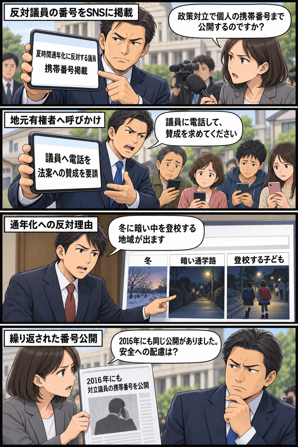 スーツ姿の男性の大統領風キャラが、夏時間通年化に反対する男性議員の携帯番号をSNSへ掲載し、有権者に電話を促す。男性議員は冬の暗い時間帯に登校する子どもへの懸念を示し、記者が番号公開の妥当性と過去の同様...