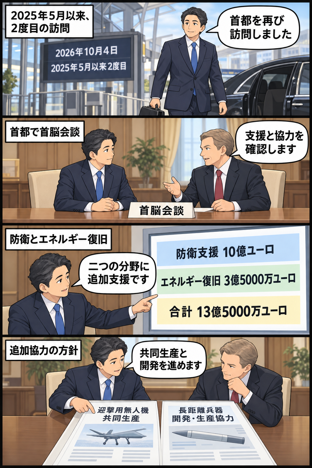 男性の首相風キャラによる首都訪問から、男性の大統領風キャラとの会談、防衛・エネルギー支援の表明、迎撃用無人機と長距離兵器をめぐる協力方針までを中立的に描く4コマ漫画。
