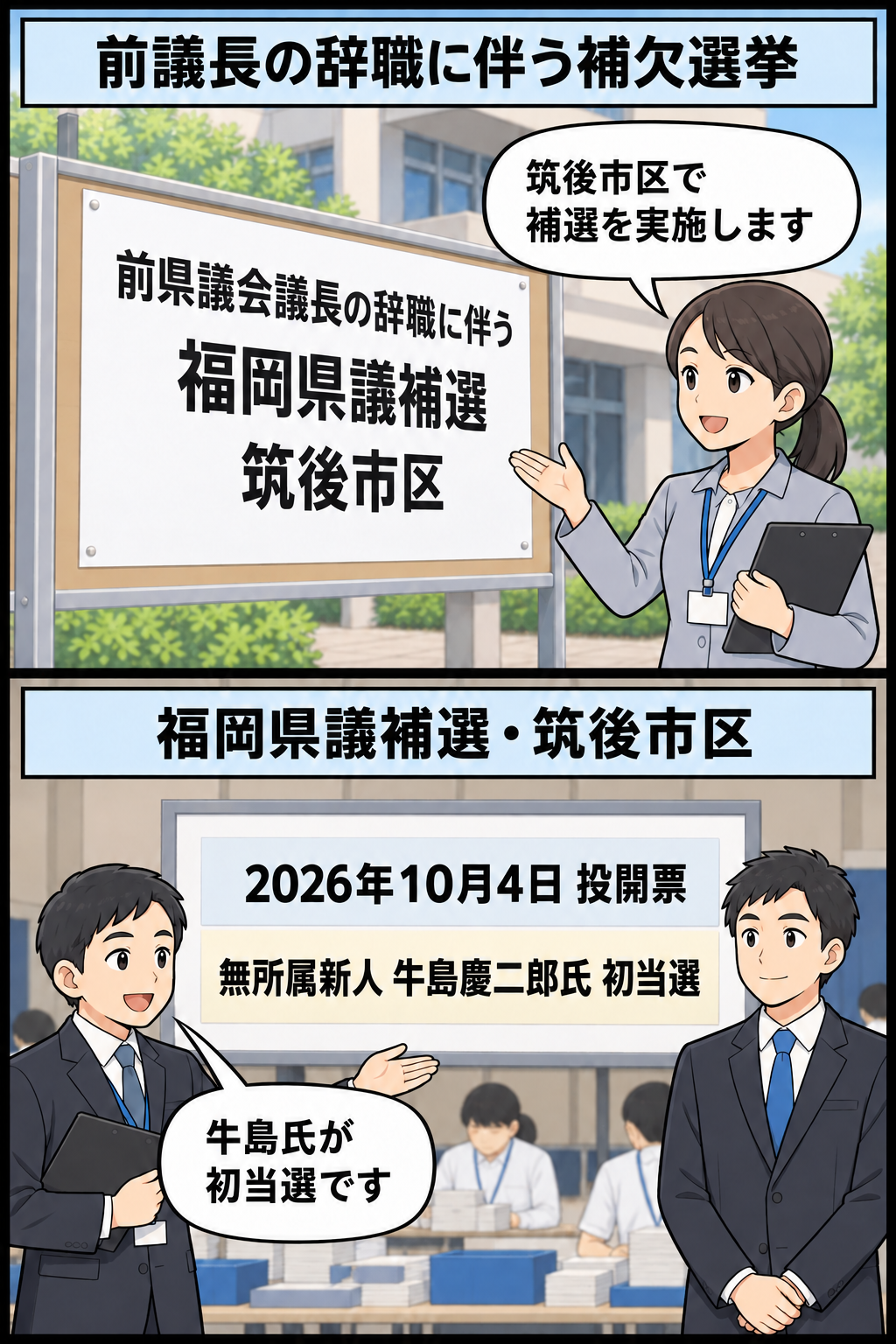 福岡県議会前議長の辞職に伴って筑後市区補選が行われ、2026年10月4日の投開票で無所属新人の牛島慶二郎氏が初当選した経緯を描く2コマ漫画。