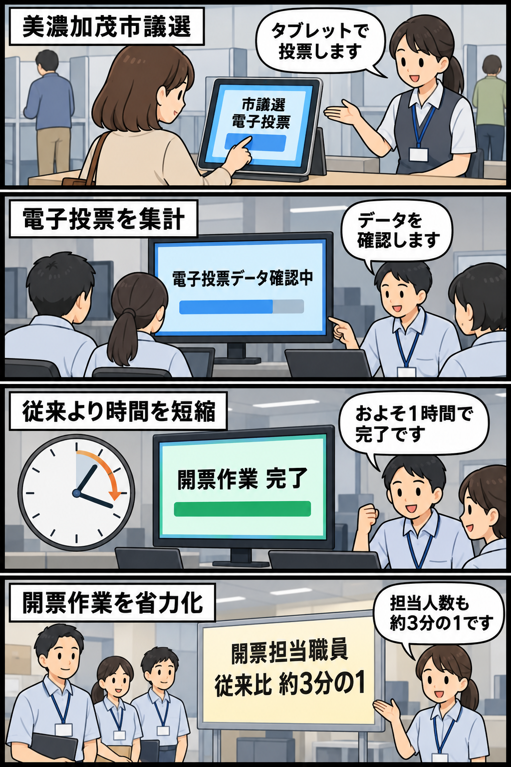 美濃加茂市議選で有権者がタブレット端末を使って投票し、職員が電子投票データを確認して、開票をおよそ1時間で終える様子と、担当職員数が従来のおよそ3分の1になったことを描く4コマ漫画。