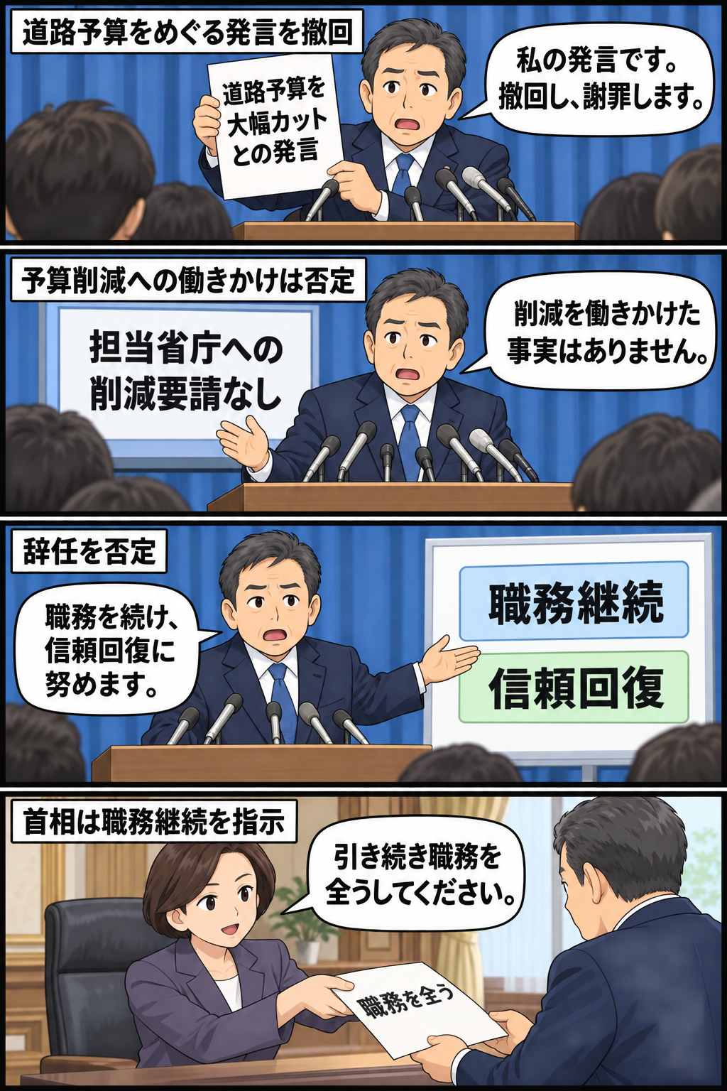 男性の農相風キャラが道路予算をめぐる発言を撤回して謝罪し、予算削減の働きかけを否定したうえで続投を表明し、女性の首相風キャラから職務継続を指示される経過を描いた4コマ漫画。