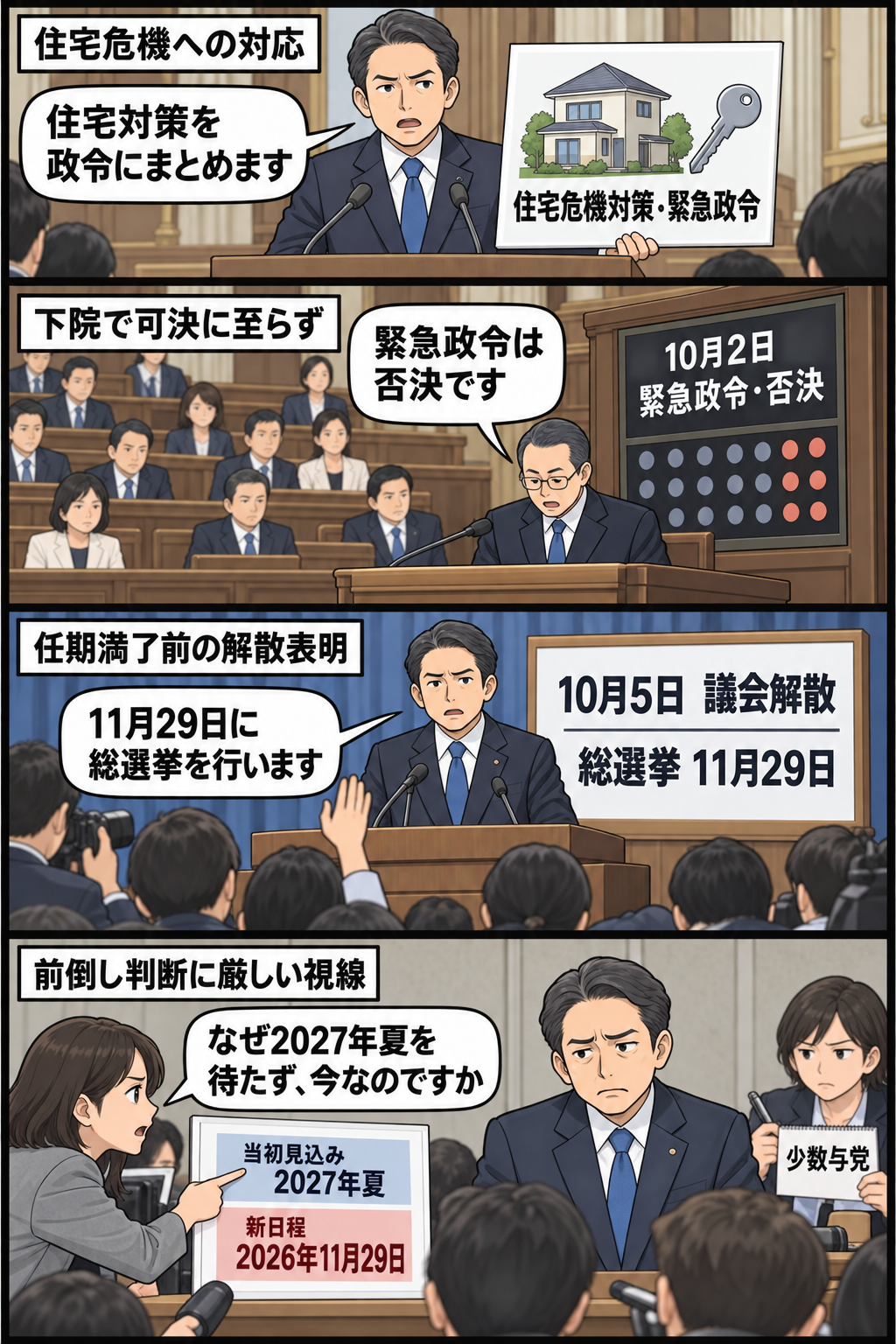 住宅危機対策の緊急政令が下院で否決され、スーツ姿の男性の首相風キャラが議会解散と11月29日の総選挙を表明し、記者から前倒しの判断を問われるまでを描いた4コマ漫画。