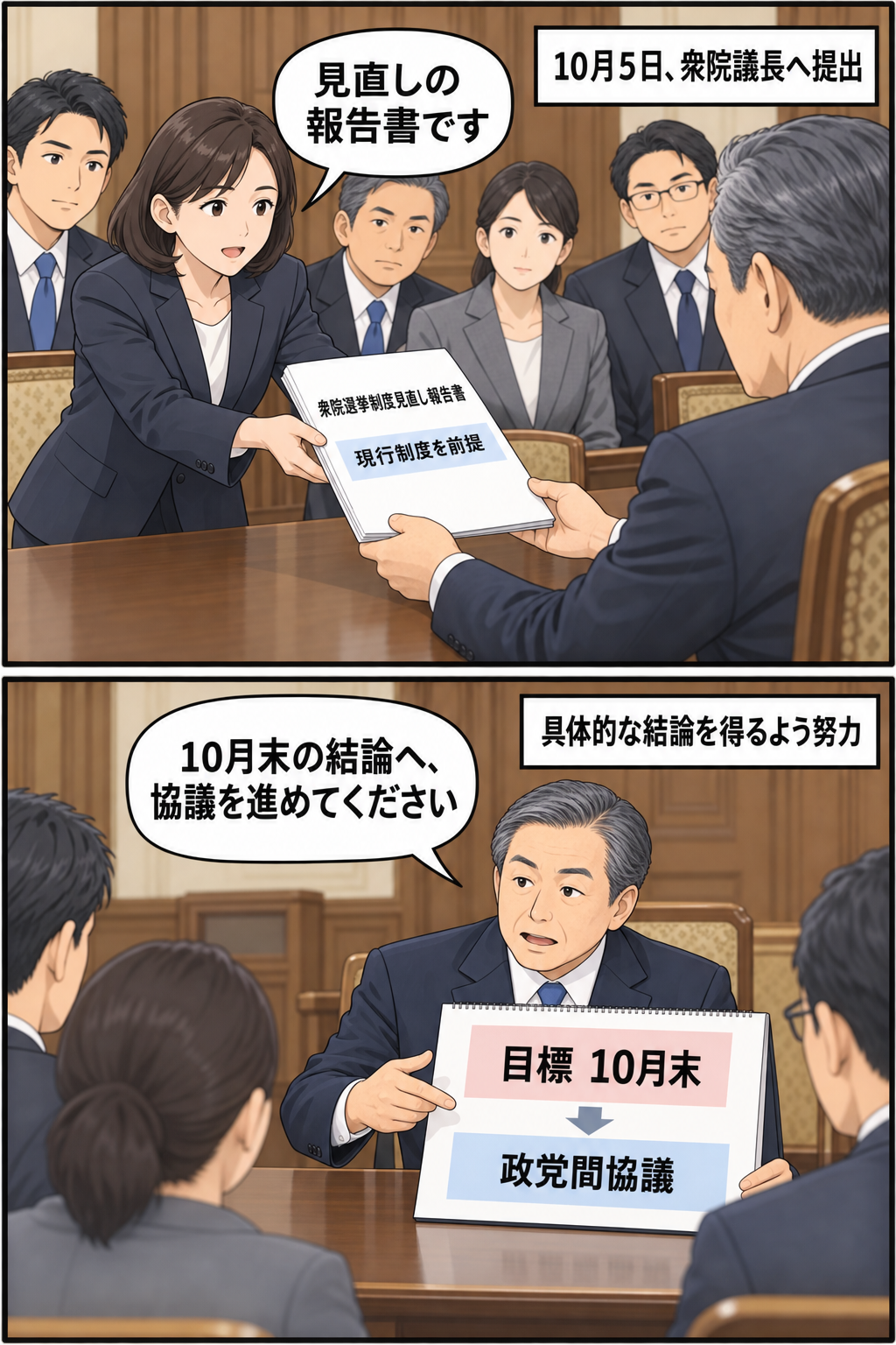 与野党協議会の代表者が衆院議長役に選挙制度見直しの報告書を提出し、議長役が10月末の結論に向けた政党間協議を求める二コマ漫画。