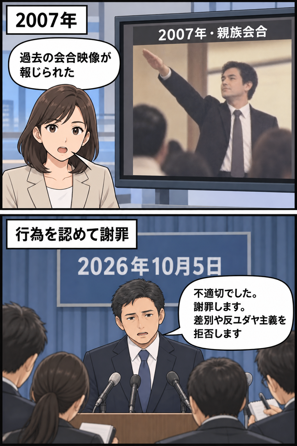 2007年の親族会合で不適切な敬礼をする男性と、2026年にその行為を認めて謝罪し、ナチズムや差別を拒否すると表明する男性の首相風キャラを描いた2コマ漫画。