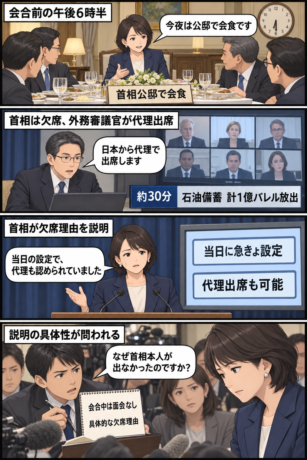 G7オンライン首脳会合の前に会食する女性の首相風キャラ、代理出席する外務担当者、欠席理由を説明する首相風キャラ、具体的な理由を問う記者を描いた4コマ漫画。