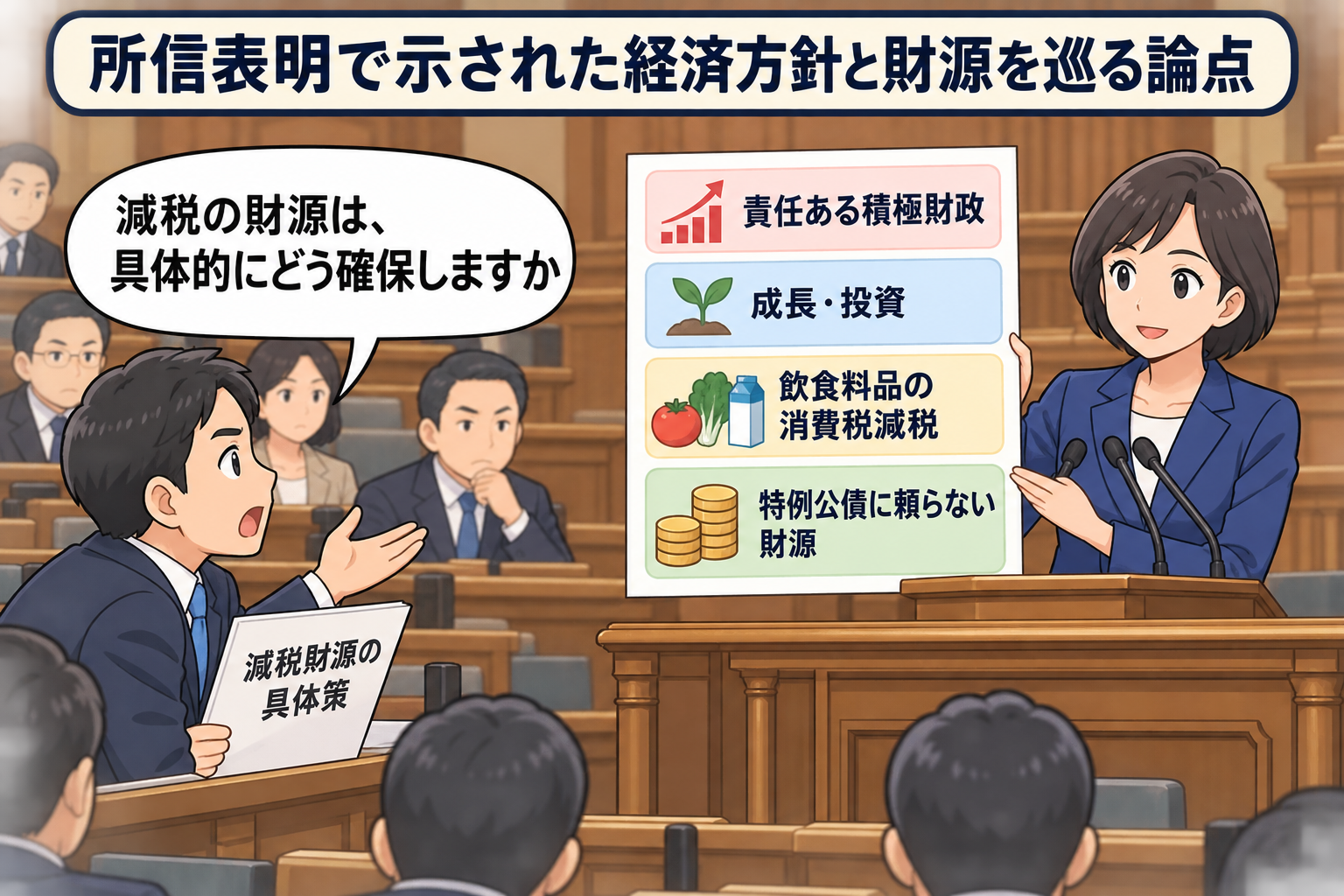 国会の演壇でスーツ姿の女性の首相風キャラが積極財政と飲食料品の消費税減税を表明し、議席の野党議員風キャラが減税財源の具体策を問いかけている。