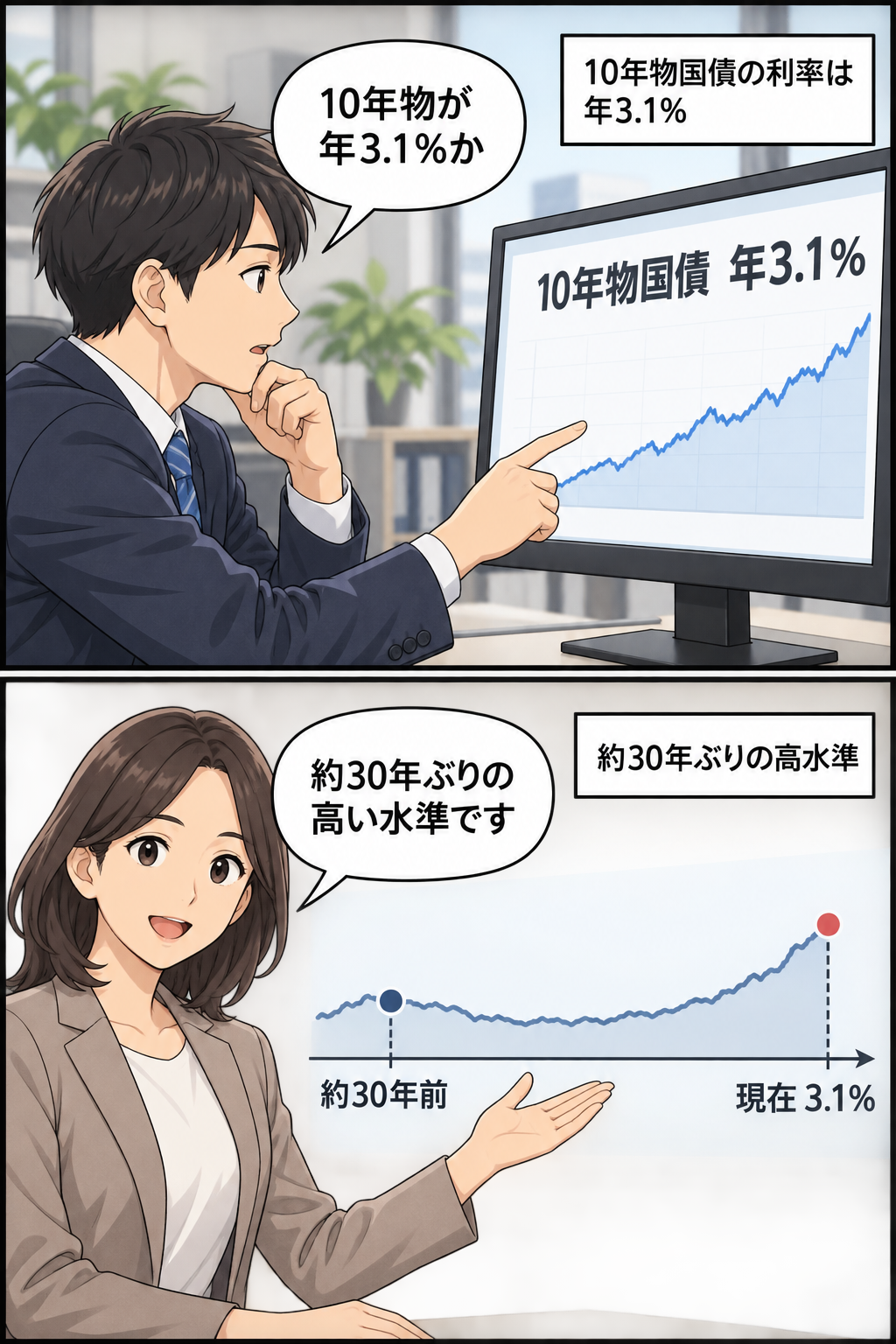 10年物国債の利率が年3.1％となり、約30年ぶりの高水準に達したことを、数値表示と過去との比較で淡々と伝える2コマ漫画。