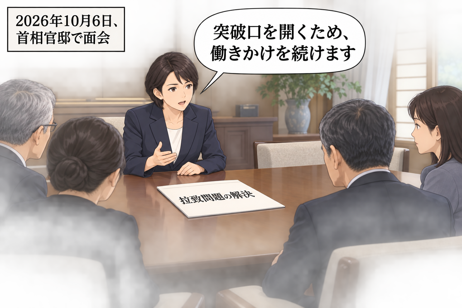 首相官邸の面会室で、拉致被害者家族らと向き合うスーツ姿の女性の首相風キャラが、問題解決への働きかけを続ける考えを表明している。