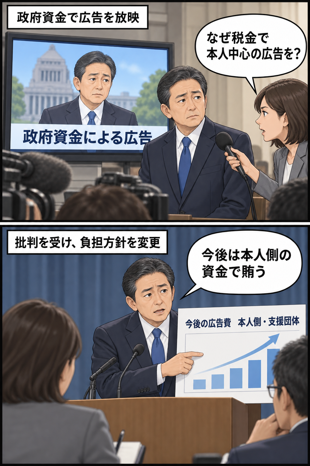 政府資金で男性大統領風キャラを前面に出した広告が放映され、記者が税金使用を問いただす。続いて、広告費を本人側と支援団体の資金に切り替える方針が示される。