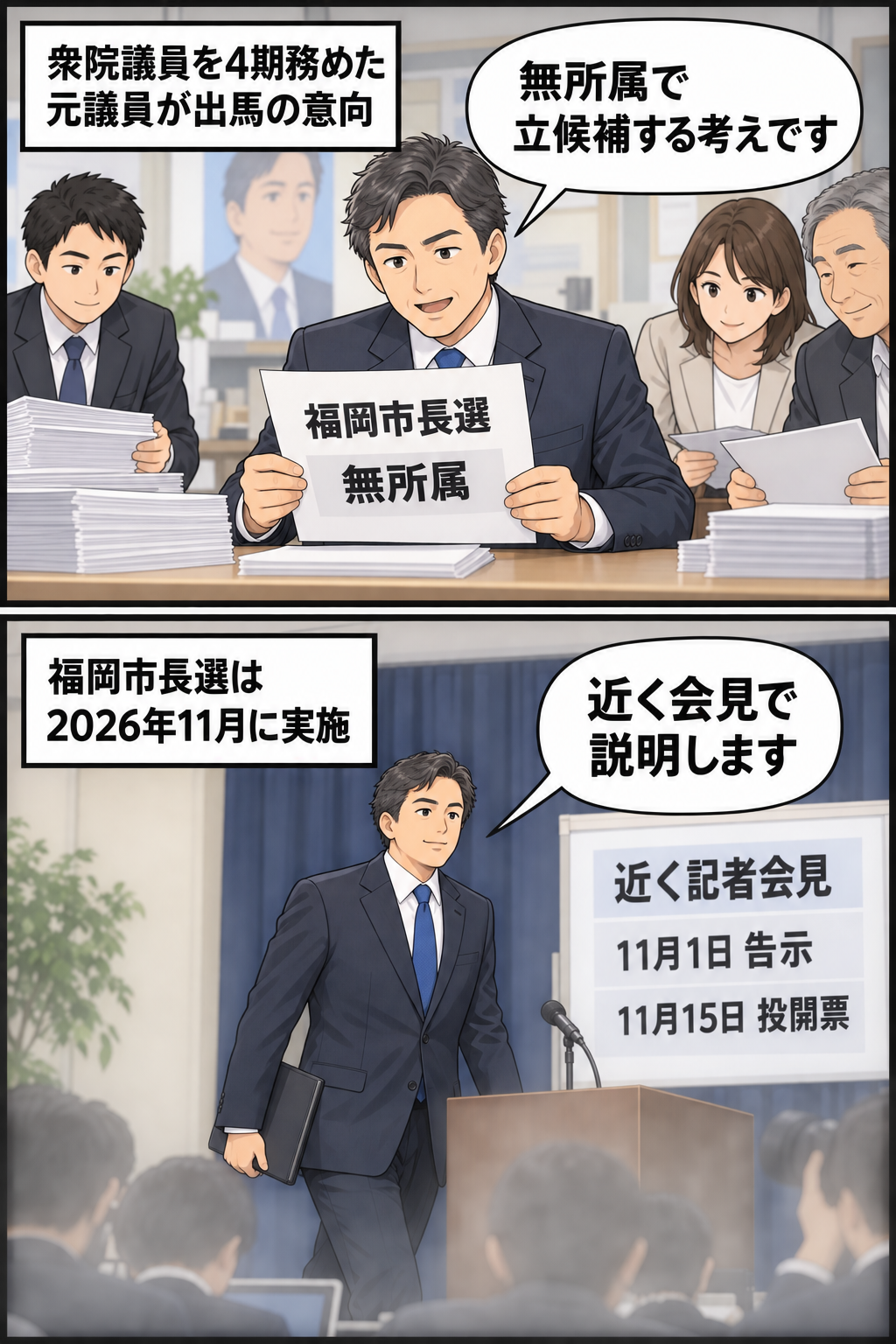 元衆院議員を表す一般化された男性キャラクターが福岡市長選への無所属出馬の意向を示し、続いて記者会見の準備と選挙日程が示される2コマ漫画。