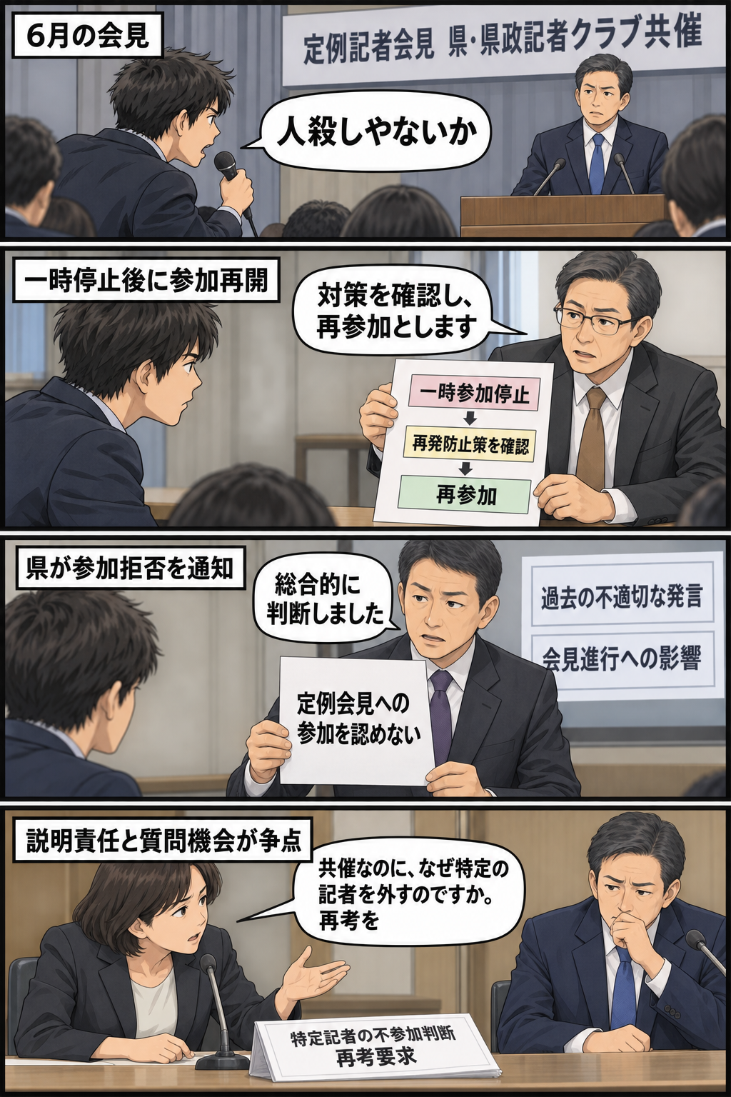 男性のフリー記者が6月の知事会見で不適切な発言をし、一時的な参加停止と再発防止策を経て復帰した後、10月に県から参加を拒否され、県政記者クラブが男性の知事風キャラに判断の再考を求める4コマ漫画。