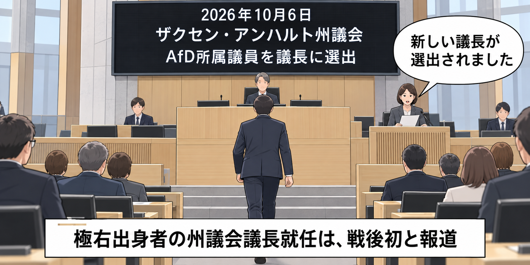 州議会の議場で、AfD所属議員の議長選出と、それが極右出身者として戦後初と報じられたことを伝える中立的な一コマ漫画。
